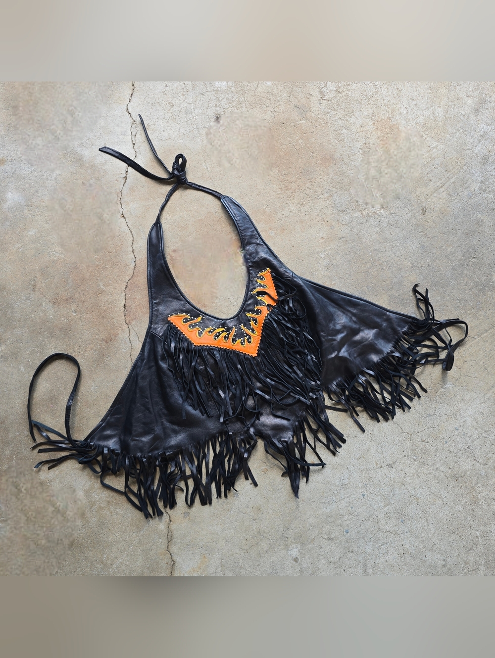 Vintage 80s 90s Leather Studded Fringe Halter Top Biker Moto Hippie Flame S